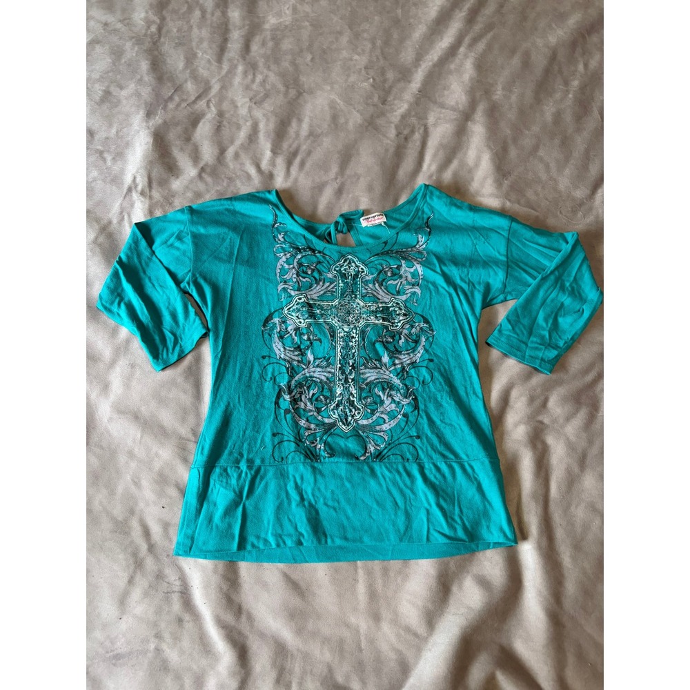 Appropriate Behavior Teal Green Gothic Cross Glitter Open Back Top Y2K